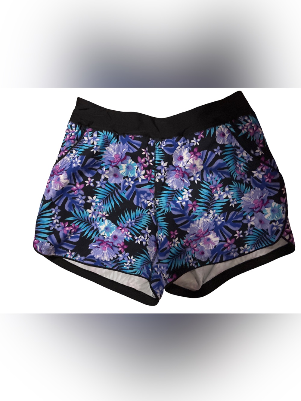 Lands' End Black Athletic Shorts with Purple & Teal Floral Trim